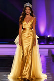 Yellow Mermaid Spaghetti Straps Maxi Pageant Dress with Overlay