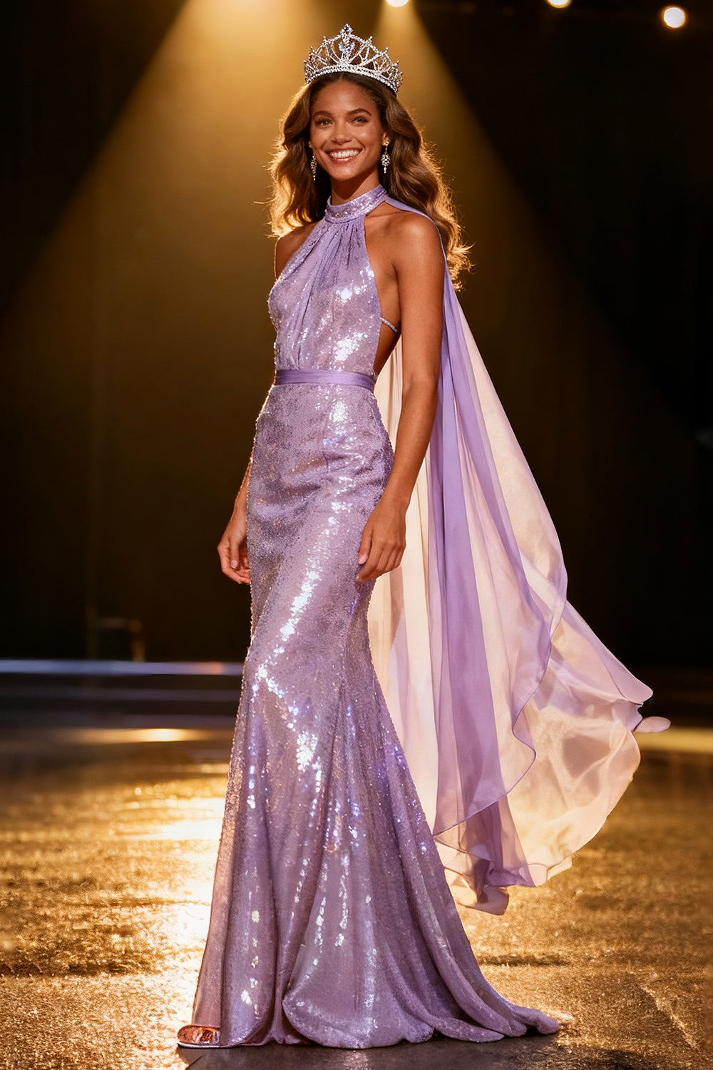 Light Purple Mermaid Sequin Halter Maxi Pageant Dress With Neck Sash