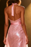 Sparkly Mermaid Halter Light Pink Pageant Dress with Sash