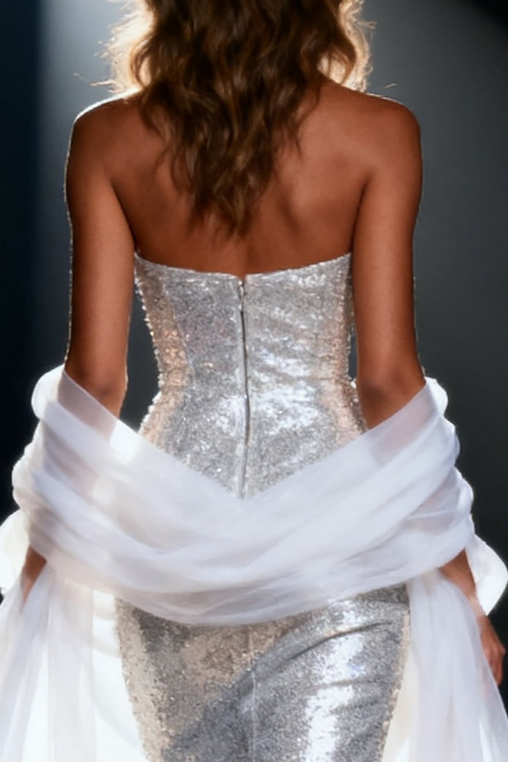 Silver Mermaid Sweetheart Sequined Maxi Pageant Dress with Drape