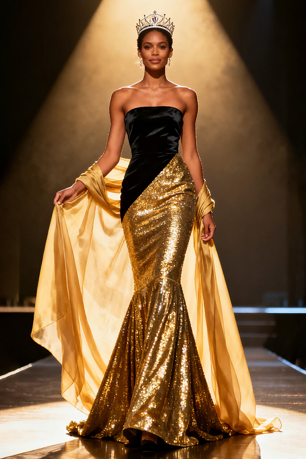 Gold Mermaid Strapless Sequin Maxi Pageant Dress With Drape