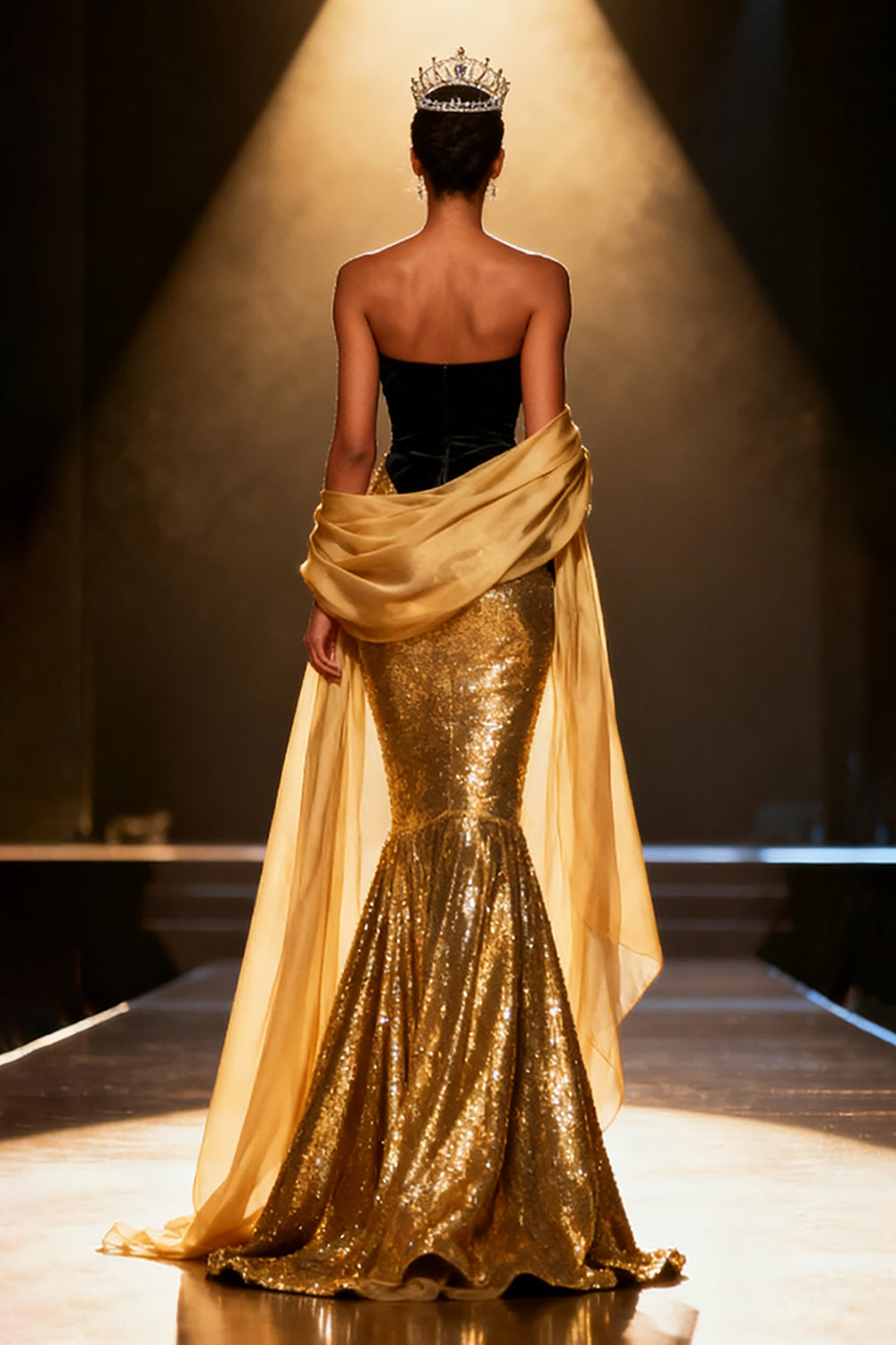 Gold Mermaid Strapless Sequin Maxi Pageant Dress With Drape