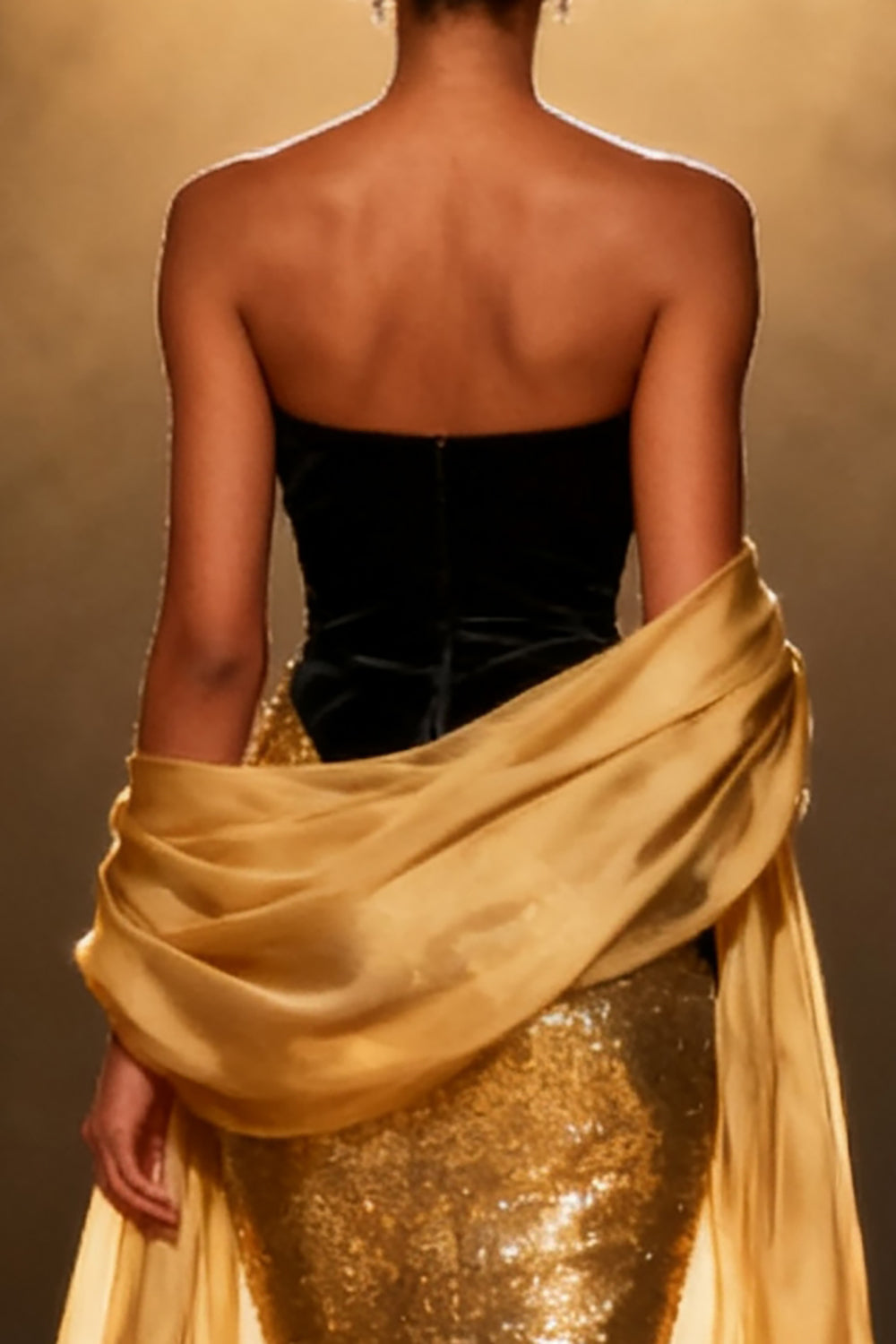 Gold Mermaid Strapless Sequin Maxi Pageant Dress With Drape