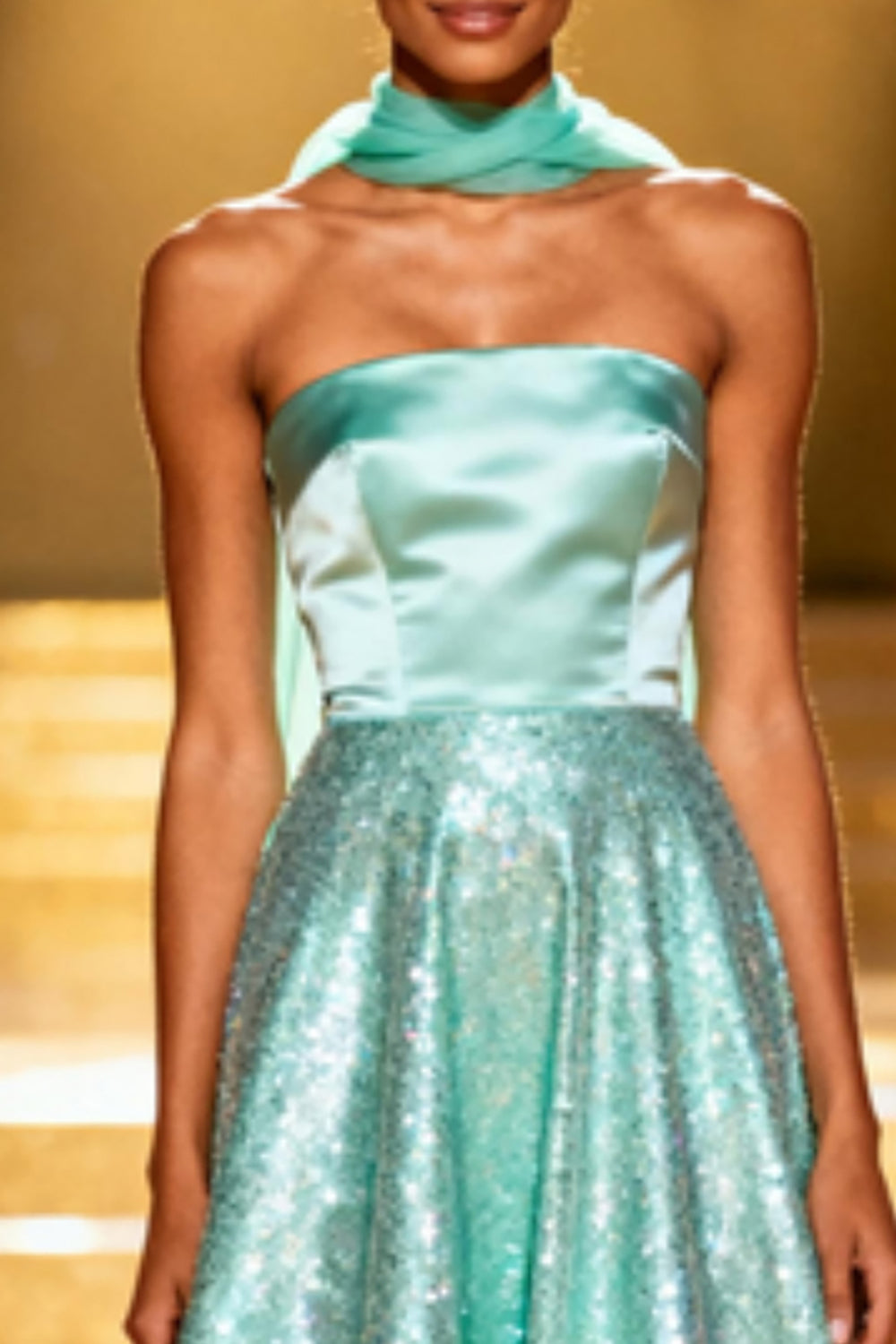 Mint Green Strapless A-Line Sequin Pageant Dress With Neck Sash