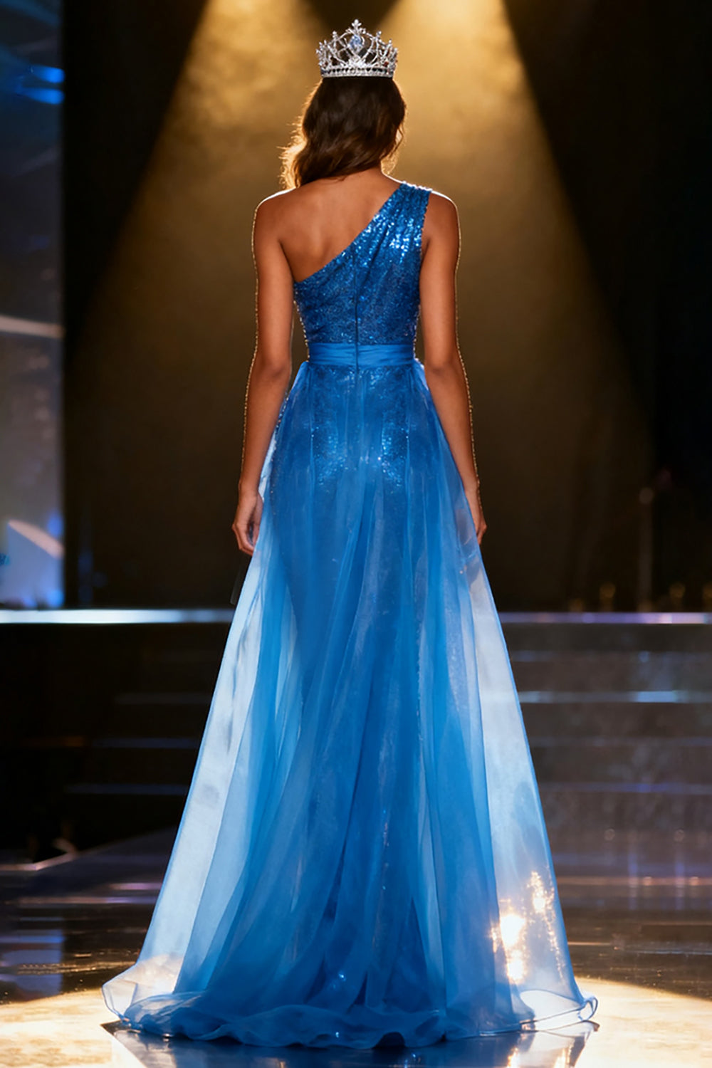 Royal Blue Sequin One Shoulder Mermaid Maxi Pageant Dress With Overlay
