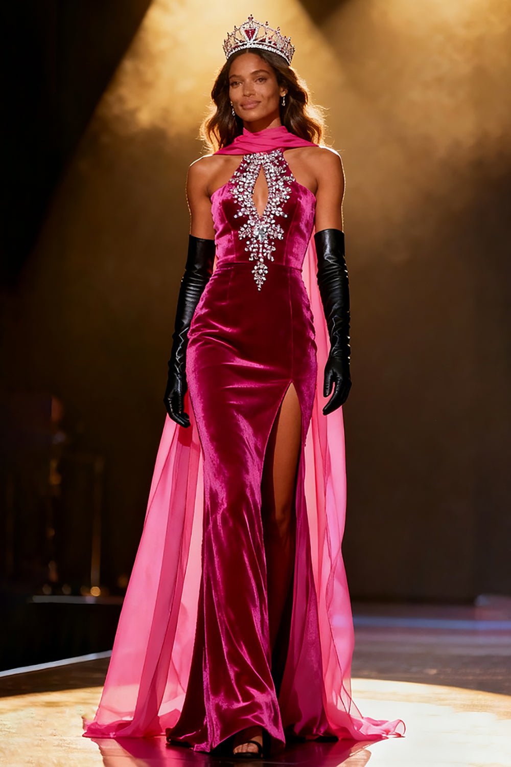 Fuchsia Velvet Mermaid Halter Pageant Dress With Slit