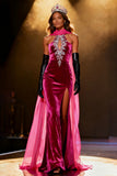 Fuchsia Velvet Mermaid Halter Pageant Dress With Slit