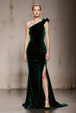 Mermaid One Shoulder Dark Green Velvet Evening Dress With Slit