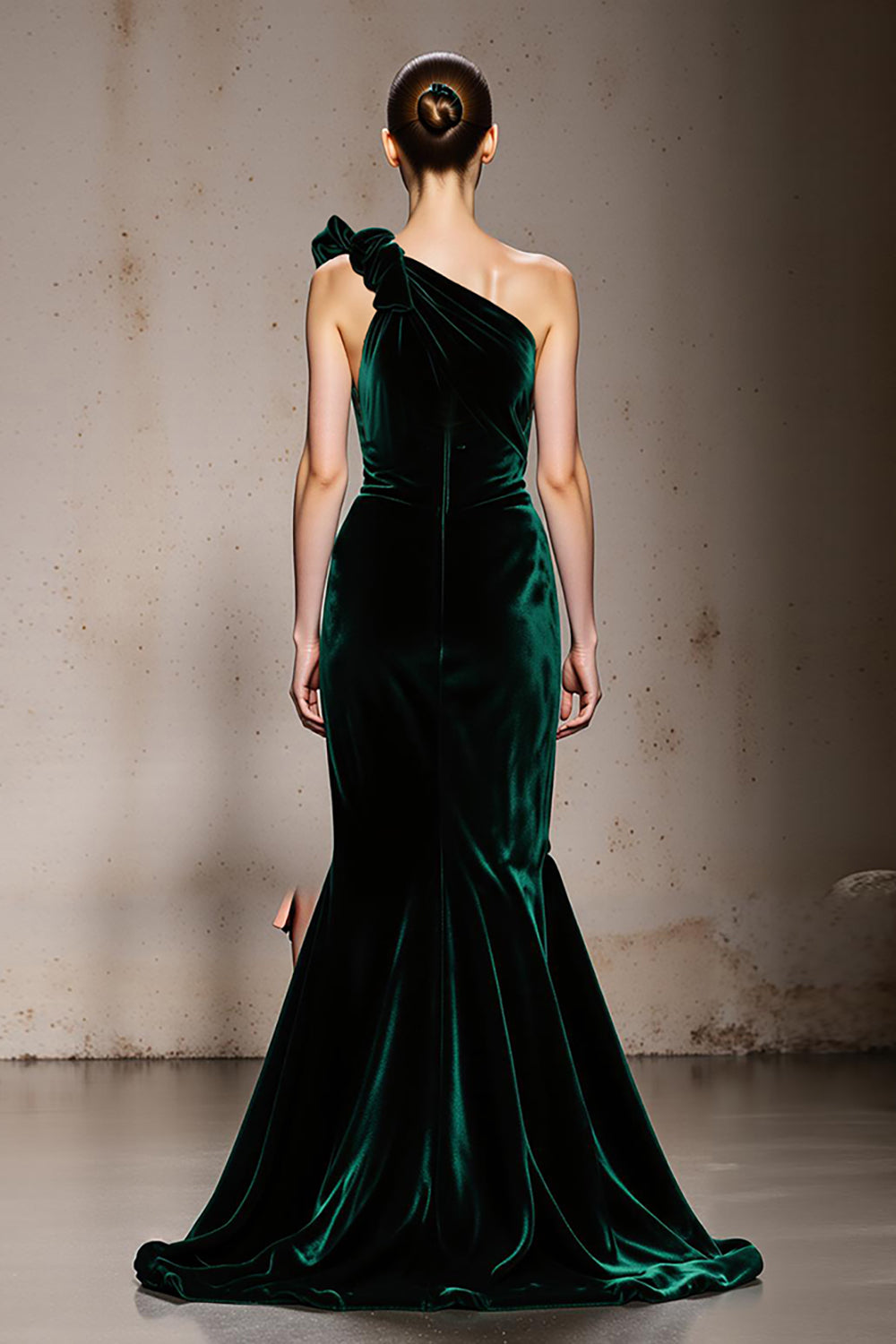 Mermaid One Shoulder Dark Green Velvet Evening Dress With Slit