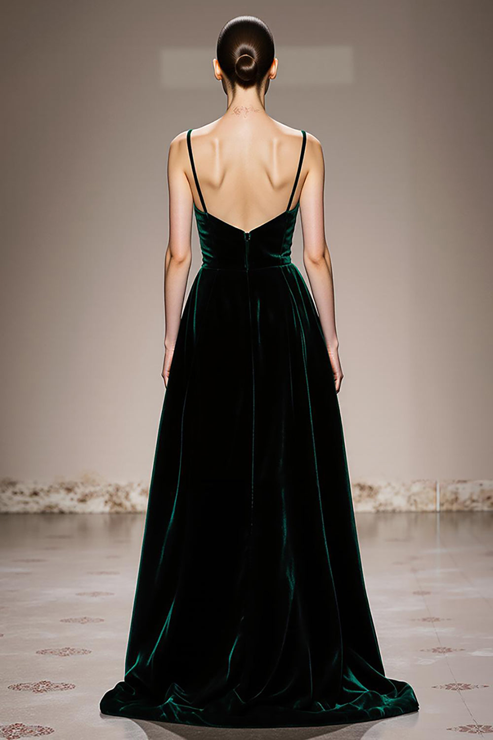 Velvet Dark Green A-Line Spaghetti Straps Evening Dress With Slit