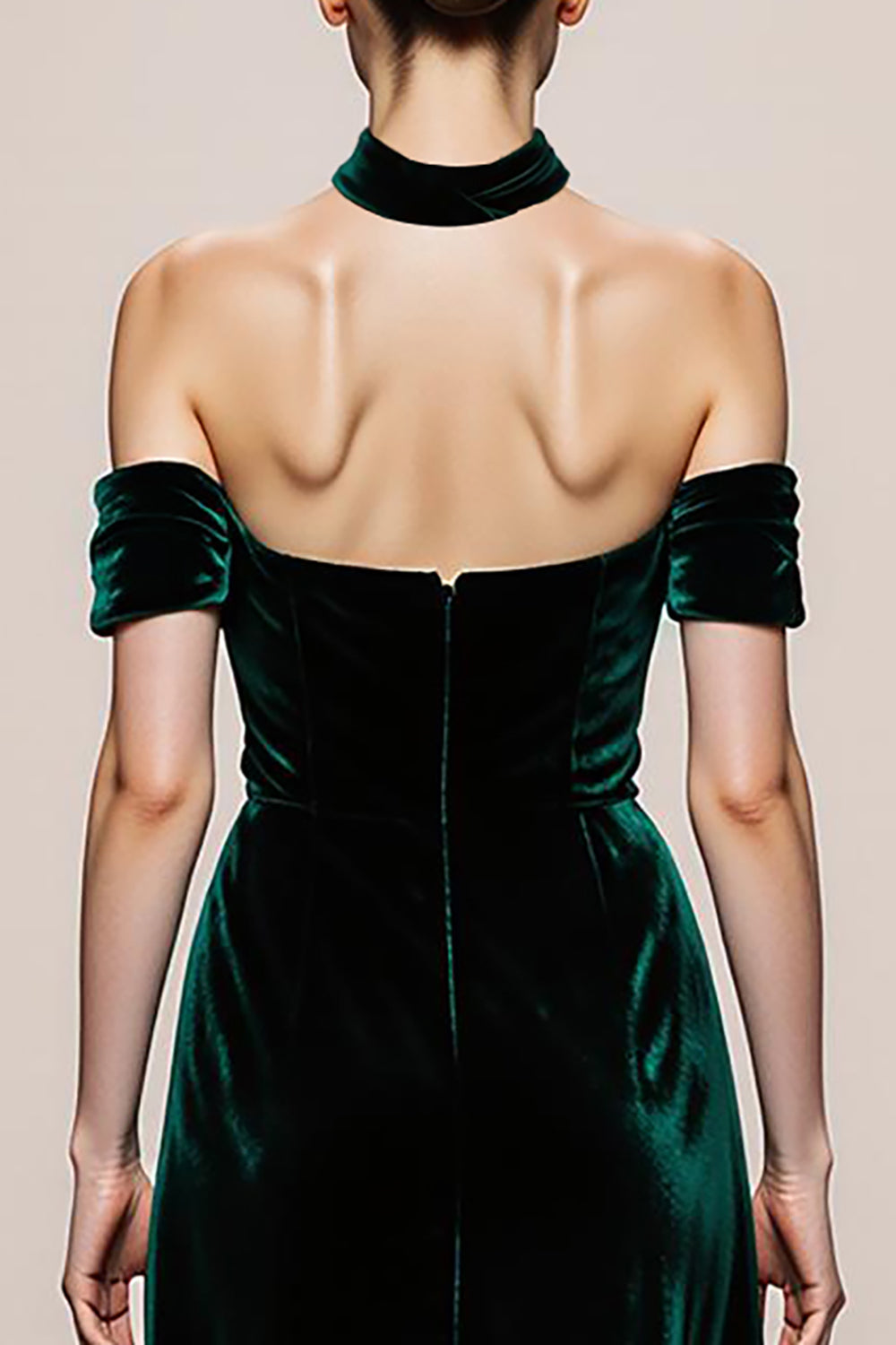 Dark Green Velvet Halter Maxi Evening Dress With Slit