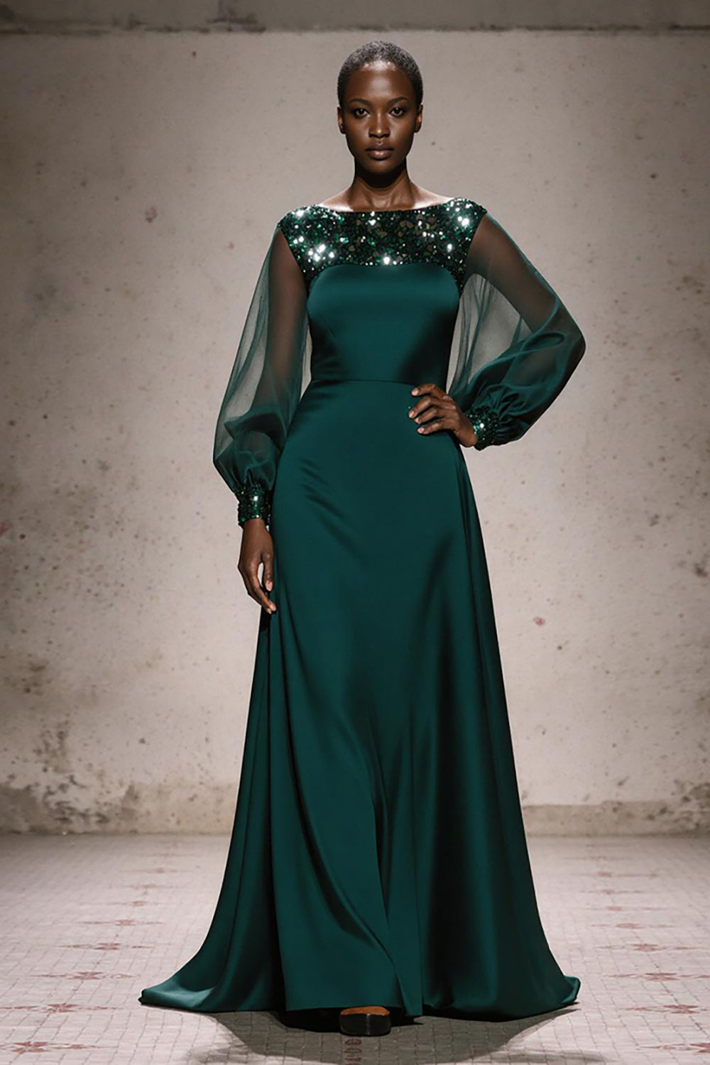 Dark Green A-Line Bateau Neck Evening Dress with Long Sleeves