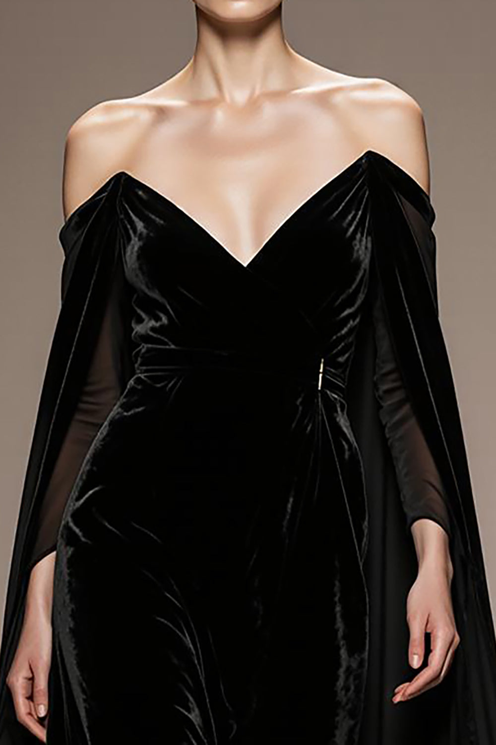 Black Off The Shoulder Velvet Evening Dress with Cloak