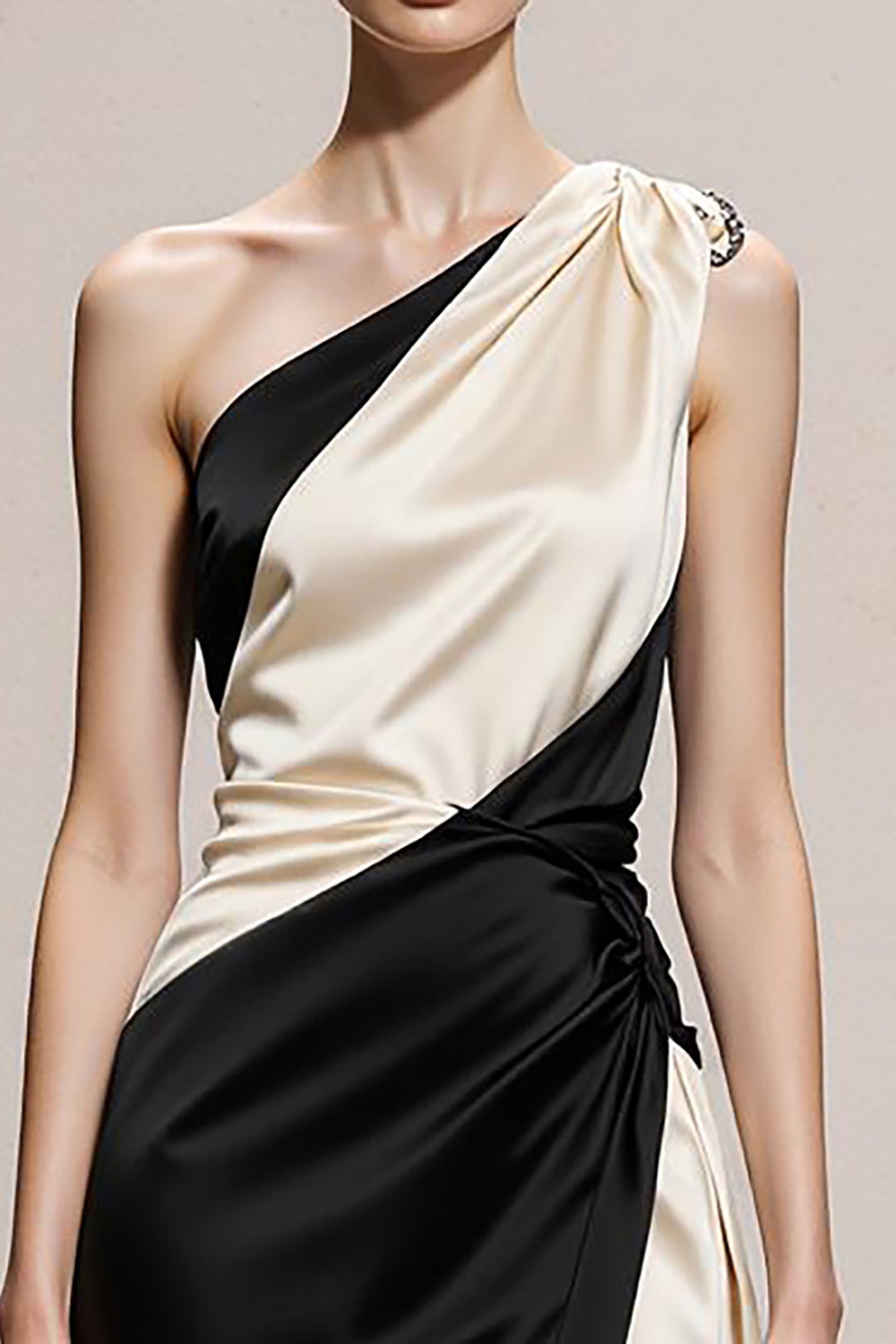 One Shoulder Black and White A-Line Maxi Evening Dress