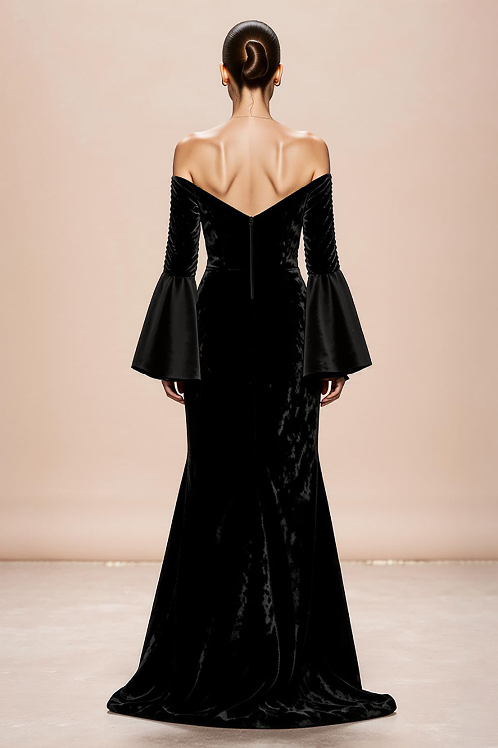 Black Off The Shoulder Flare Sleeve Velvet Evening Dress With Slit