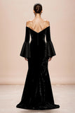 Black Off The Shoulder Flare Sleeve Velvet Evening Dress With Slit