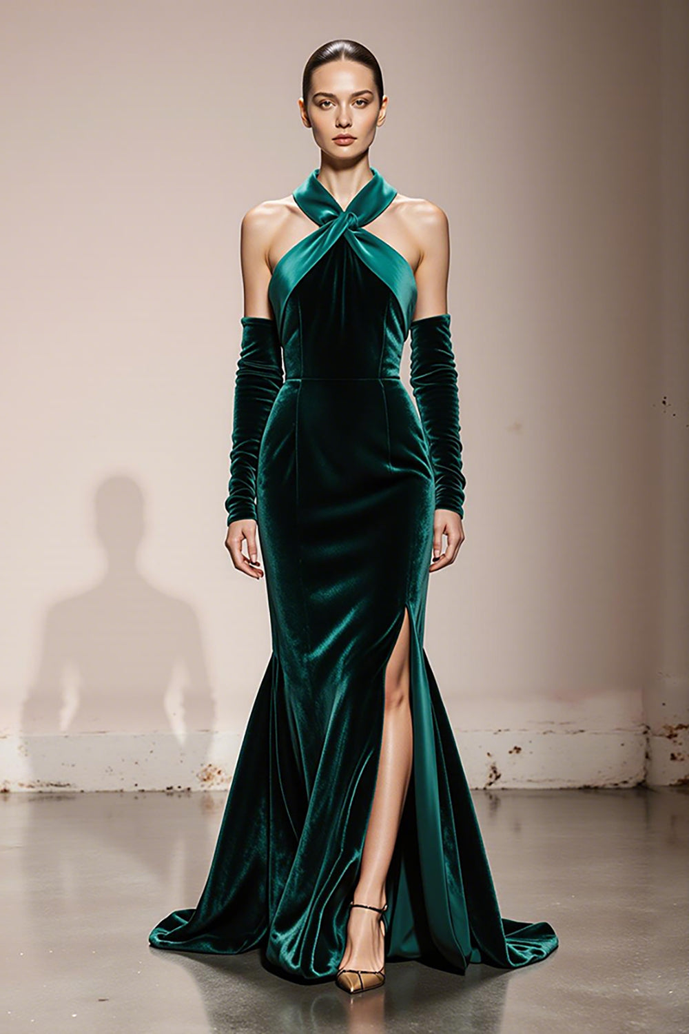 Dark Green Halter Mermaid Velvet Evening Dress With Slit