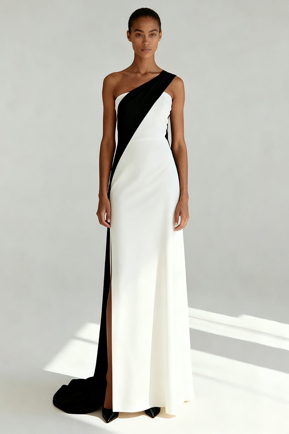 Black and White Sheath One Shoulder Formal Dress With Slit