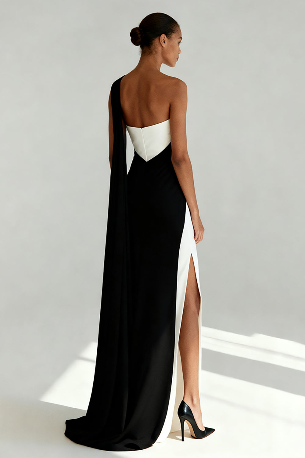 Black and White Sheath One Shoulder Formal Dress With Slit