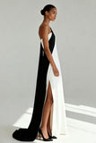Black and White Sheath One Shoulder Formal Dress With Slit