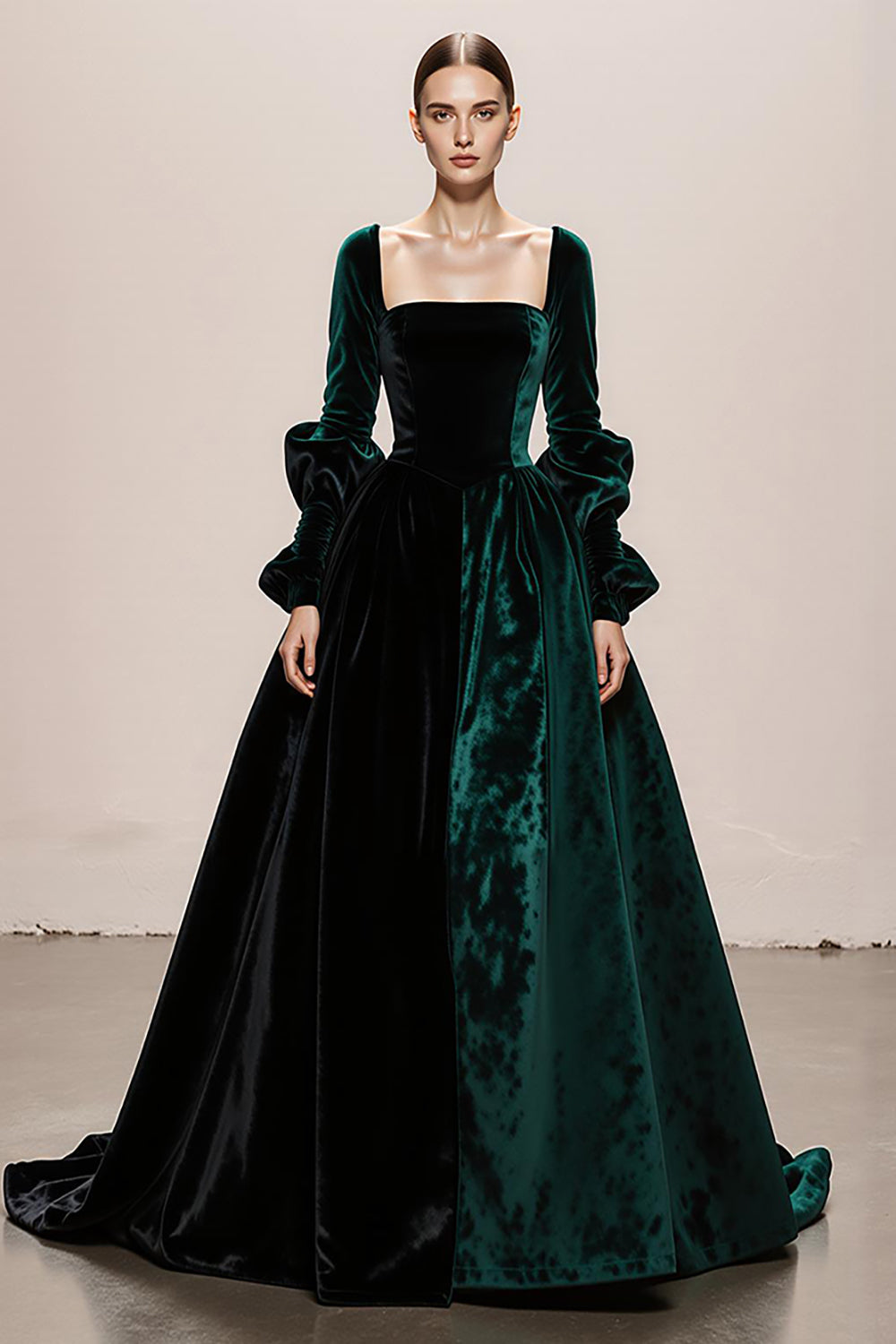 Dark Green Velvet A-Line Long Sleeve Maxi Evening Dress