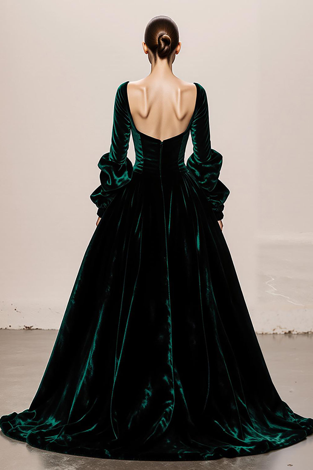 Dark Green Velvet A-Line Long Sleeve Maxi Evening Dress