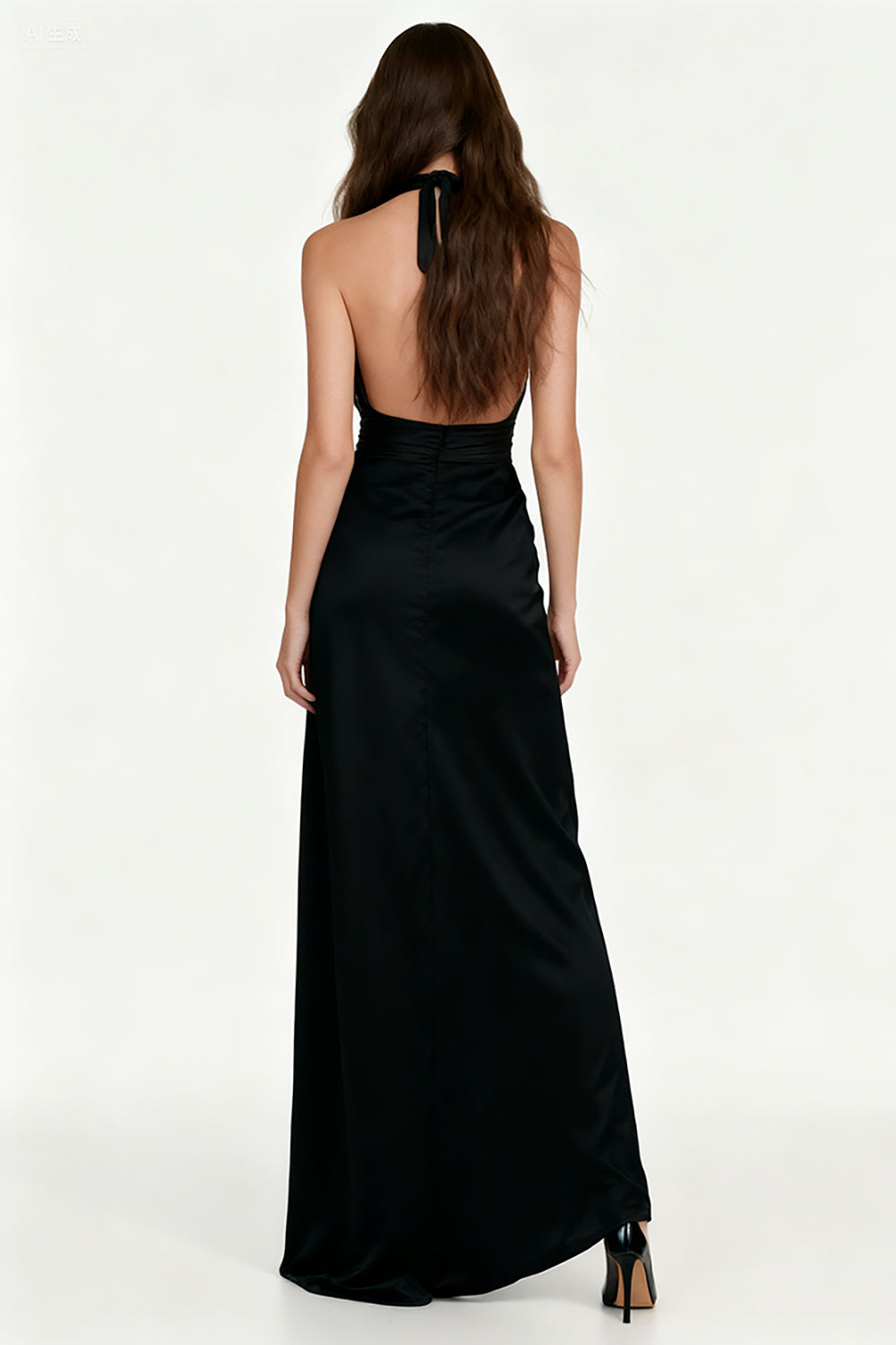 Halter Ruched A-Line Backless Black Tie Dress