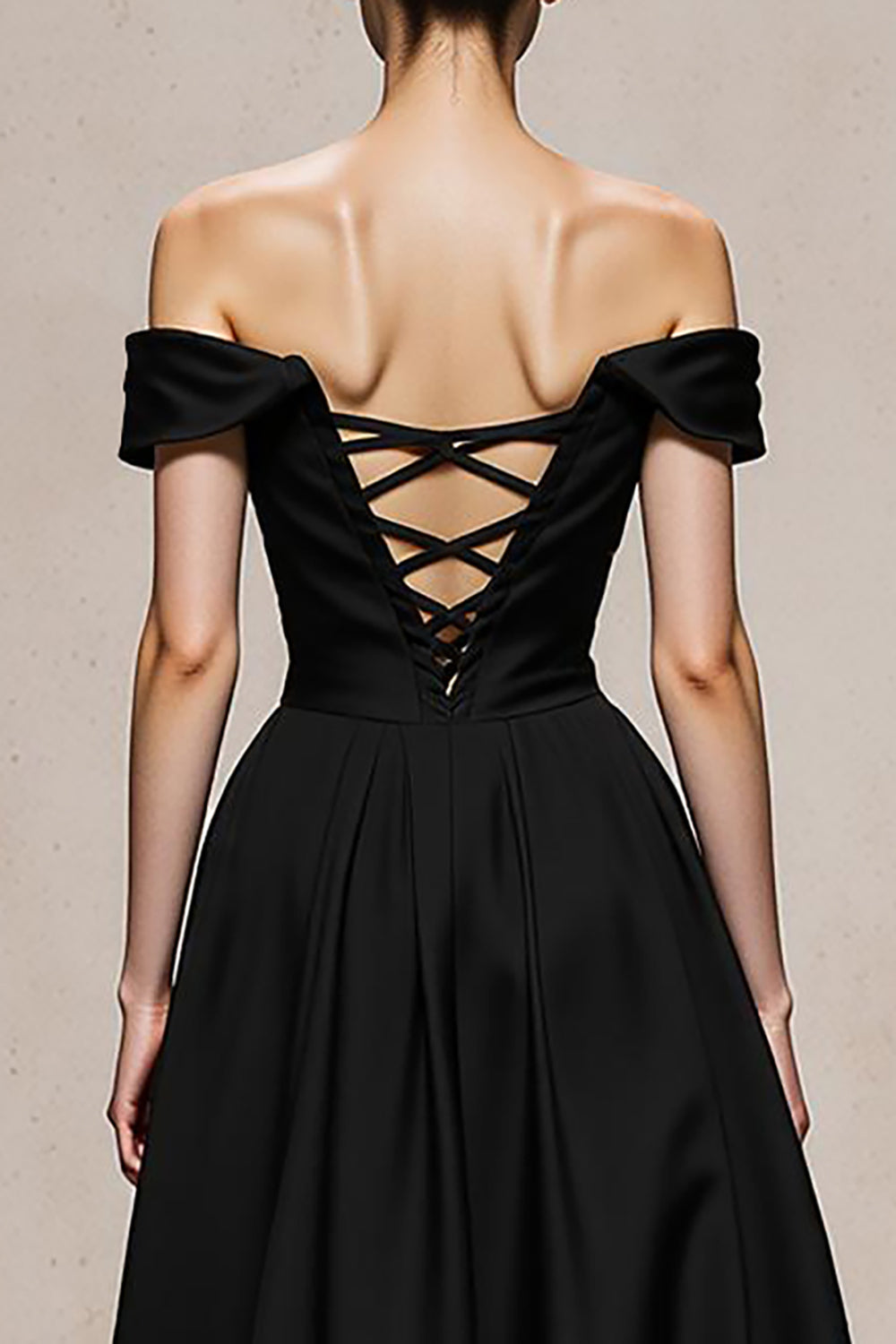 Off The Shoulder Black and White A-Line Evening Dress With Lace Up Back