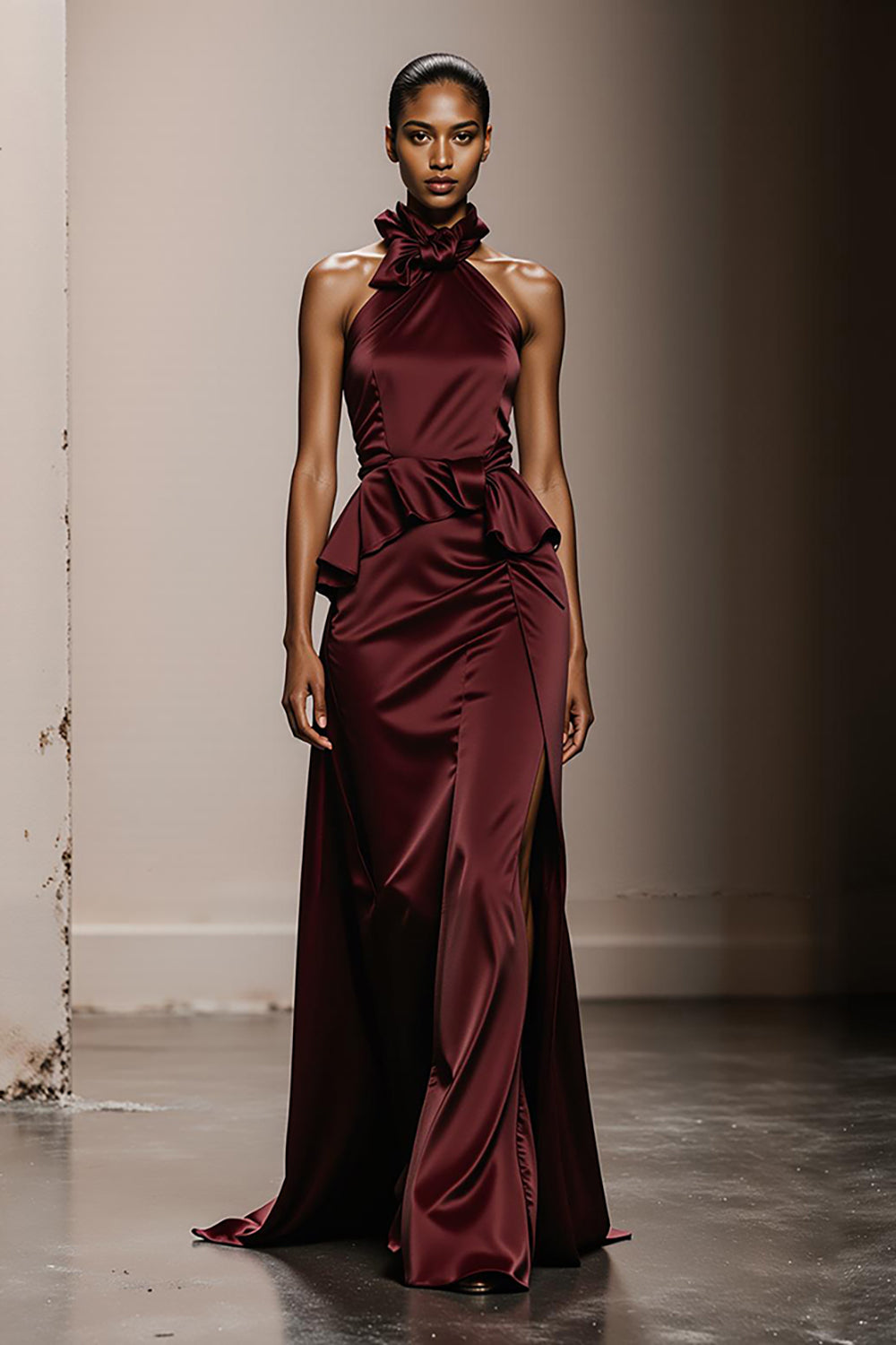 Burgundy Satin Halter Maxi Evening Dress