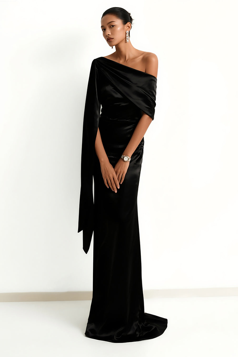 Black One Shoulder Mermaid Maxi Evening Dress With Sash
