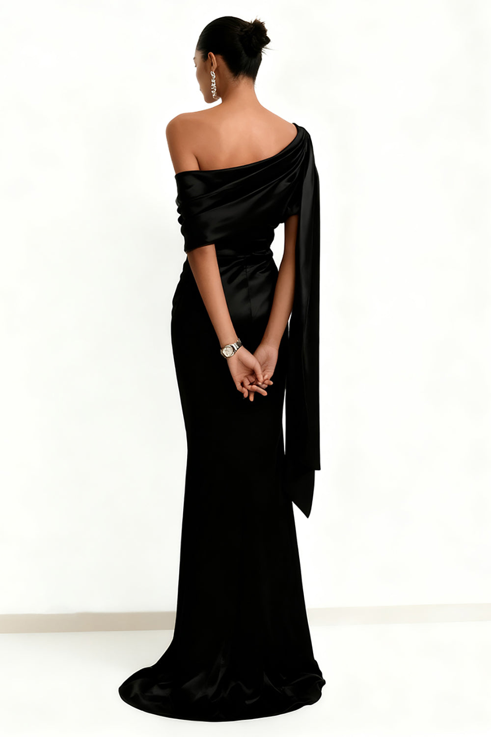 Black One Shoulder Mermaid Maxi Evening Dress With Sash