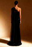 White Mermaid One Shoulder Maxi Evening Dress with Sash