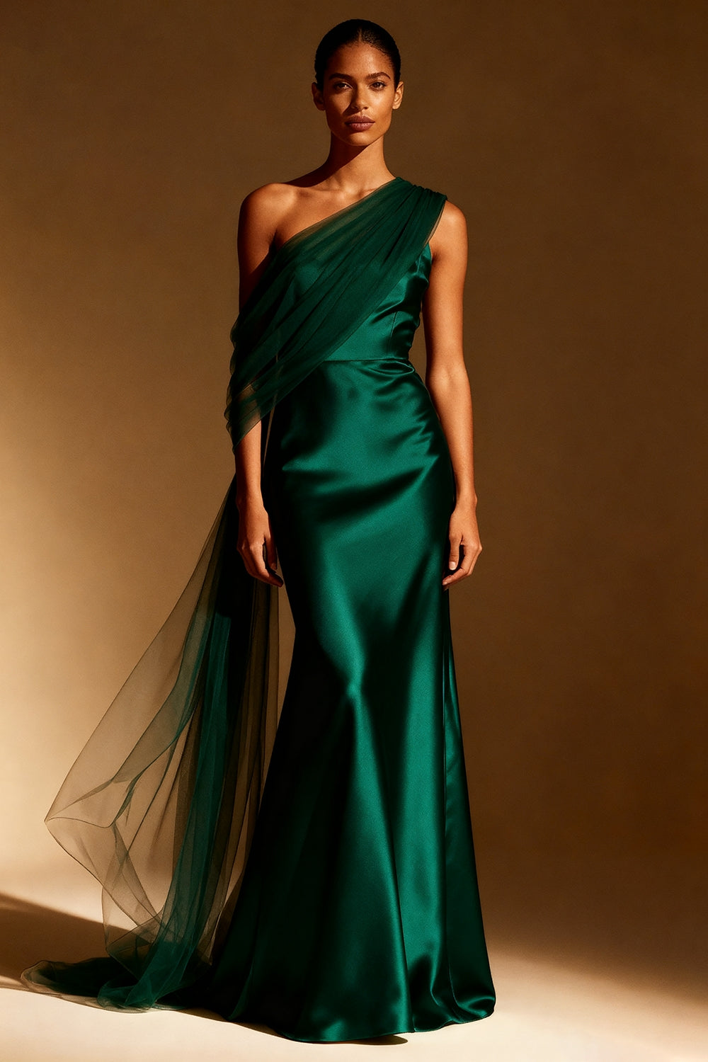 White Mermaid One Shoulder Maxi Evening Dress with Sash