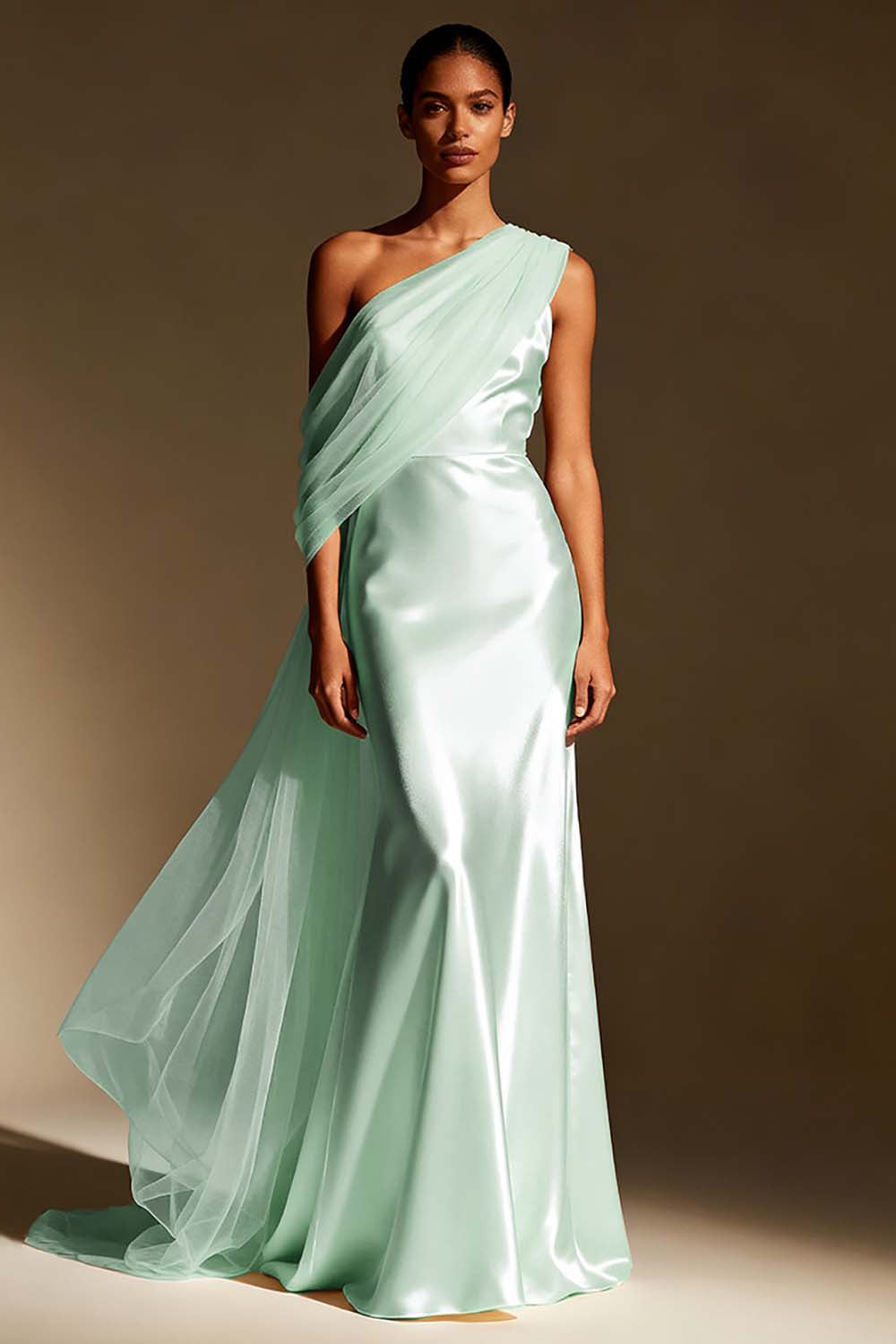 White Mermaid One Shoulder Maxi Evening Dress with Sash