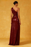 Sparkly Burgundy One Shoulder High-Low Ruched Evening Dress