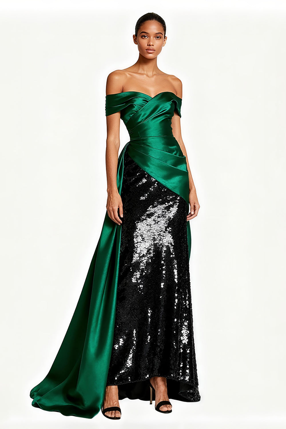 Sparkly Off The Shoulder Dark Green Ruched Holiday Dress