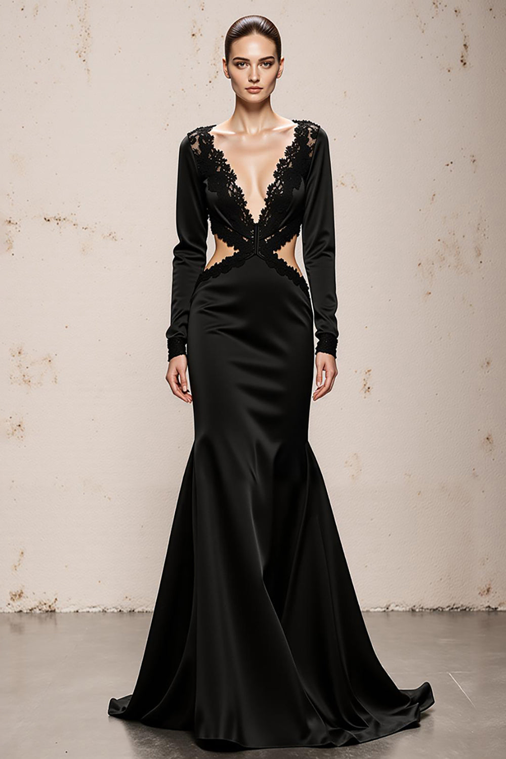 Black Mermaid Cut Out Long Sleeve Evening Dress With Lace