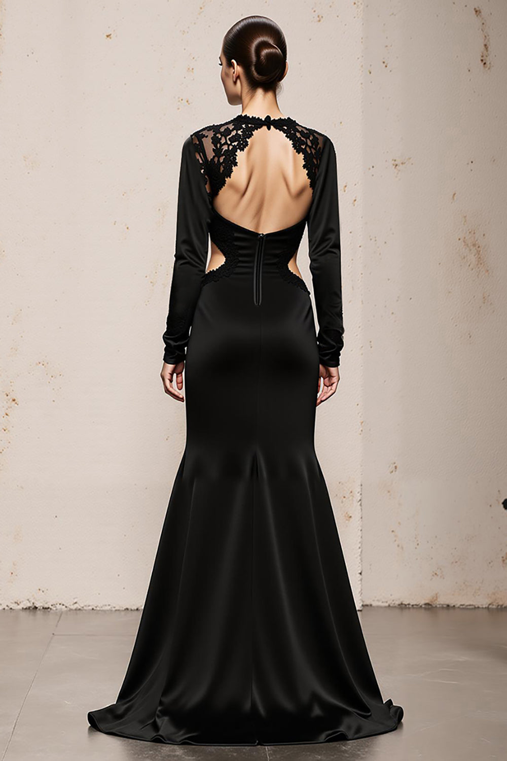Black Mermaid Cut Out Long Sleeve Evening Dress With Lace