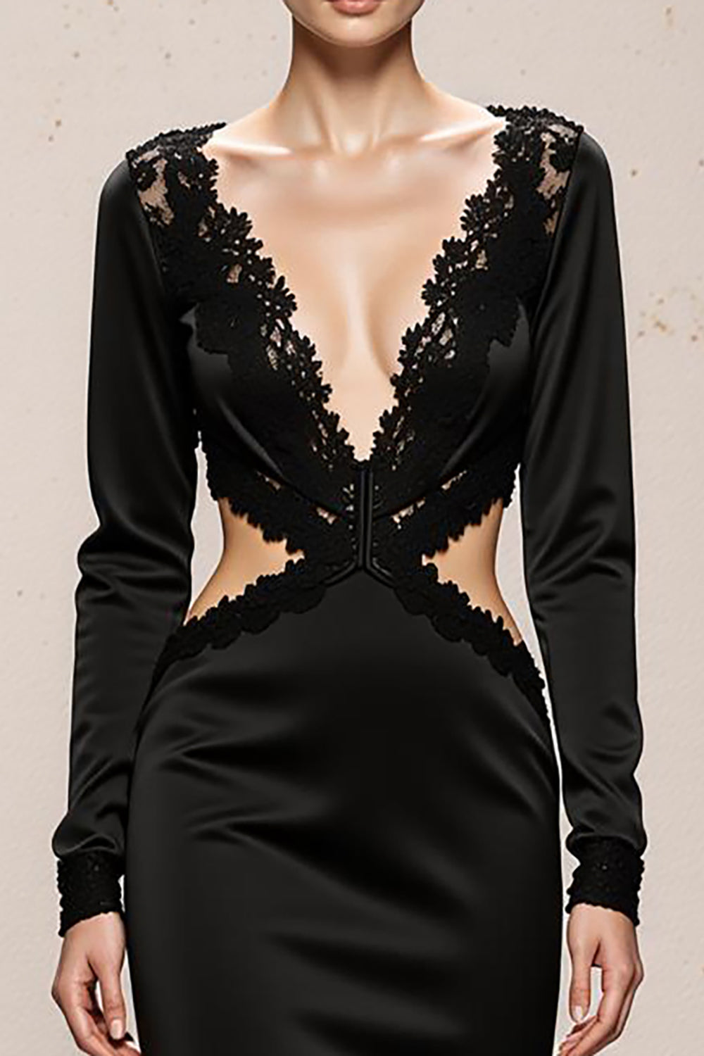 Black Mermaid Cut Out Long Sleeve Evening Dress With Lace