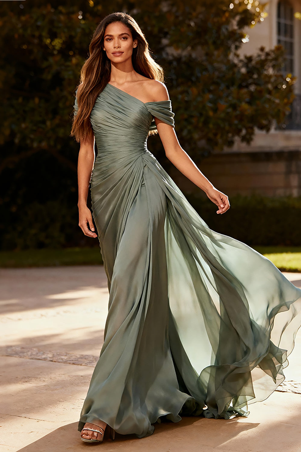Dusty Sage Pleated A-Line Off The Shoulder Maxi Evening Dress