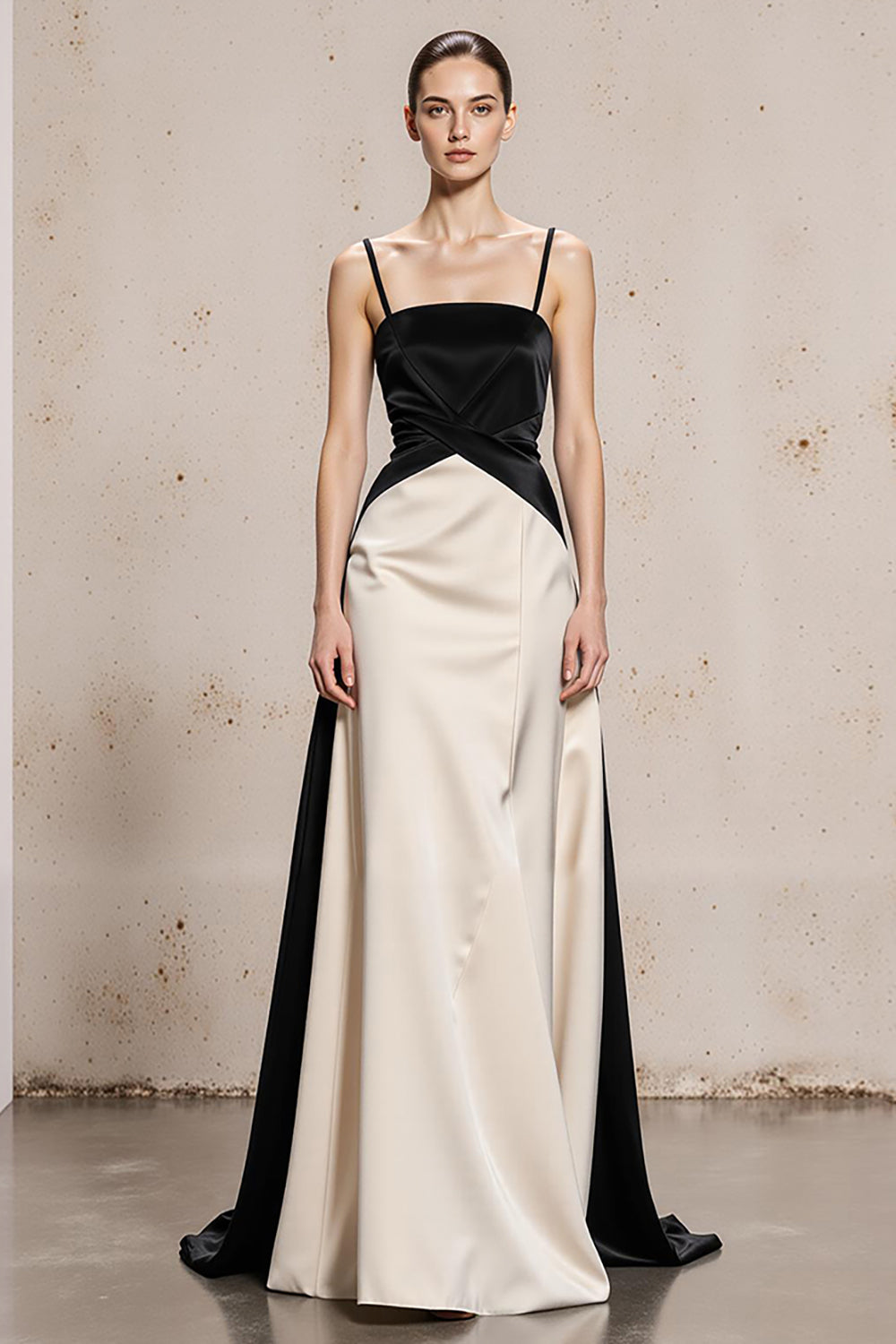 Black and White Spaghetti Straps A-Line Maxi Evening Dress