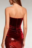 Burgundy Strapless Ruched Velvet Mermaid Evening Dress With Sequins
