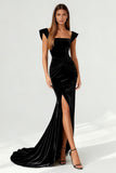 Black Mermaid Velvet Ruched Evening Dress With Slit