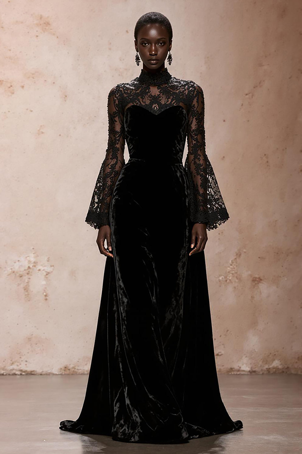 Black Velvet High Neck Evening Dress with Lace