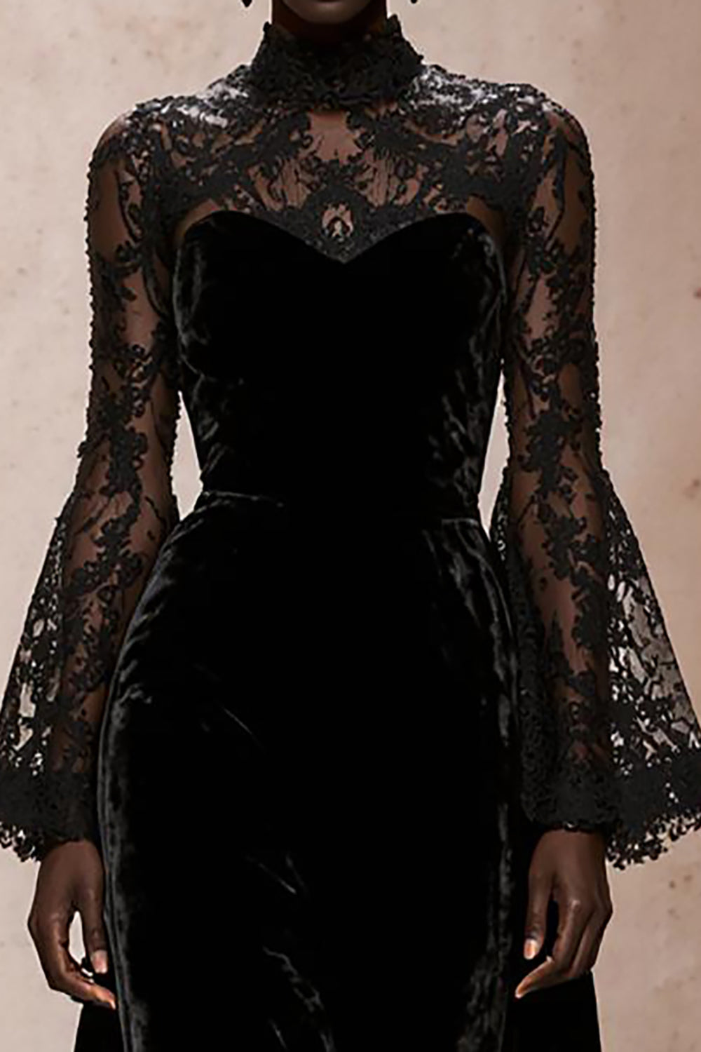 Black Velvet High Neck Evening Dress with Lace