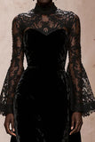 Black Velvet High Neck Evening Dress with Lace