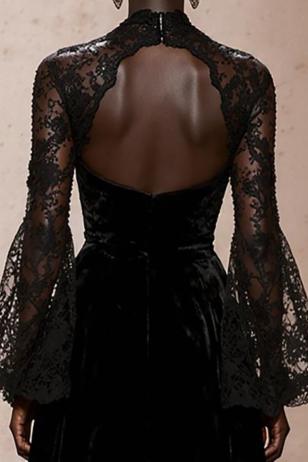 Black Velvet High Neck Evening Dress with Lace
