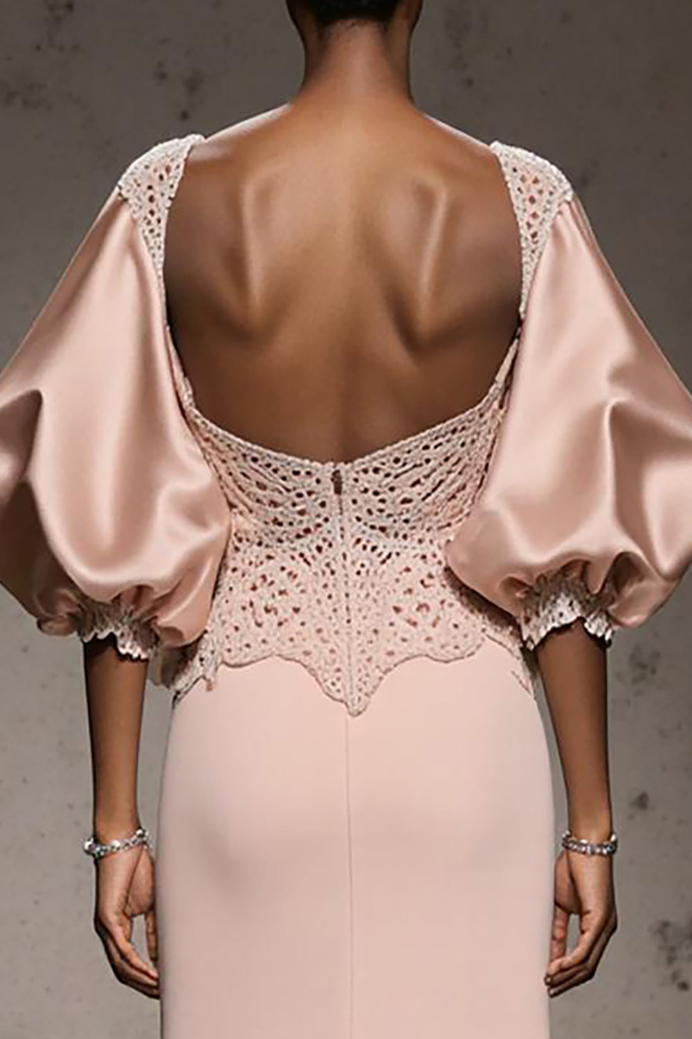 Light Pink Mermaid Appliqued Evening Dress With Puff Sleeves