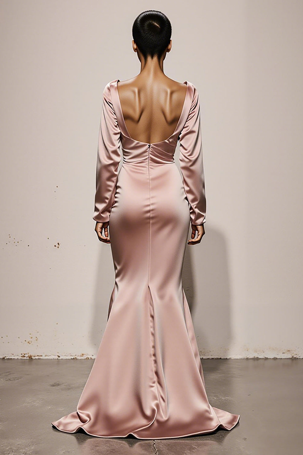 Light Pink Mermaid V-Neck Satin Evening Dress with Long Sleeves