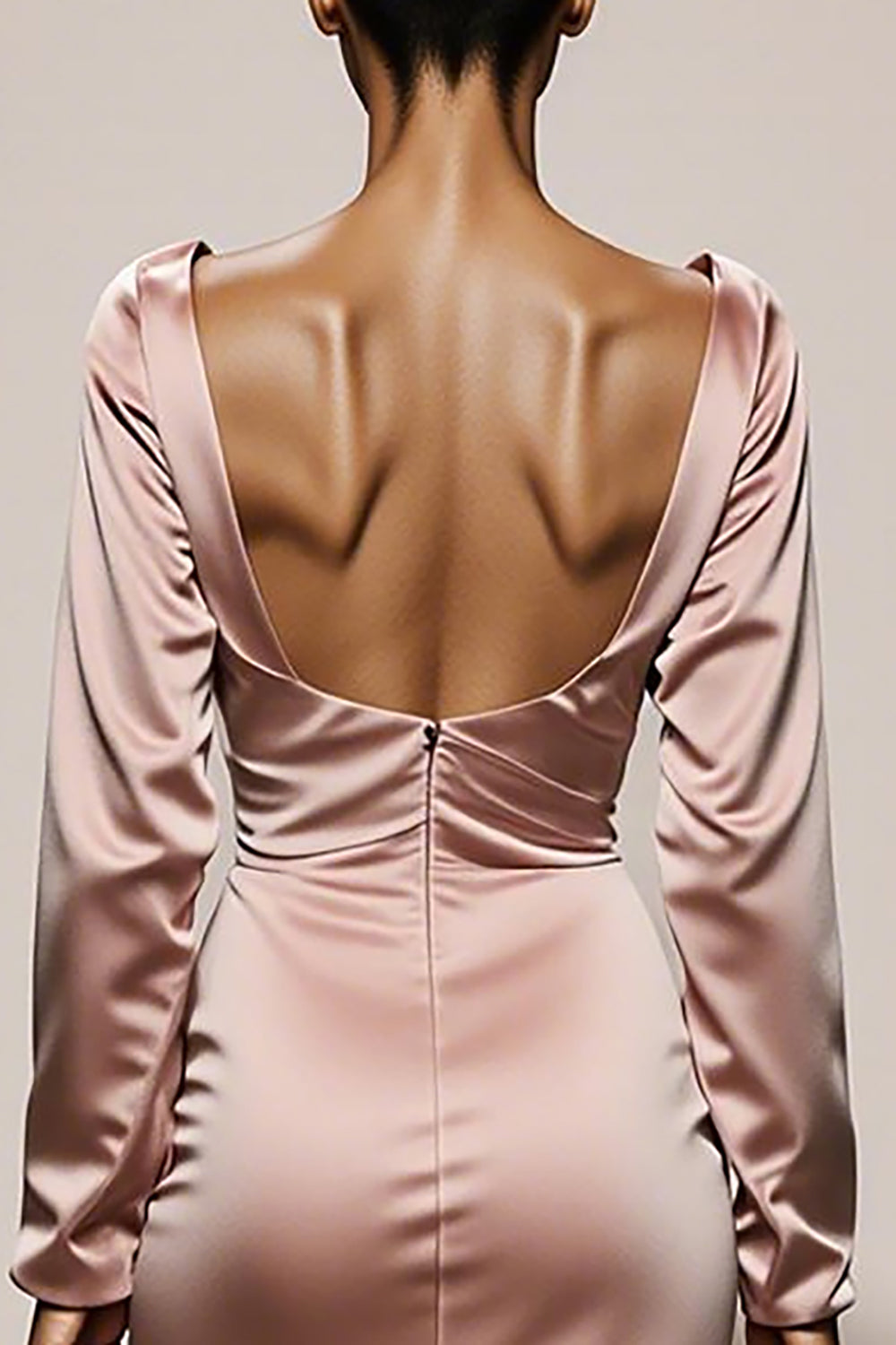 Light Pink Mermaid V-Neck Satin Evening Dress with Long Sleeves